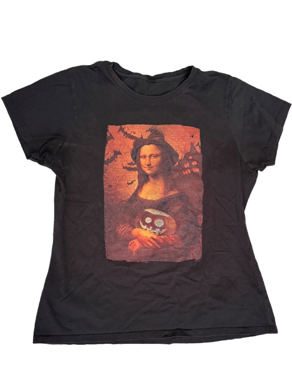 Black Graphic Mona Lisa Halloween Tee - Women’s Top